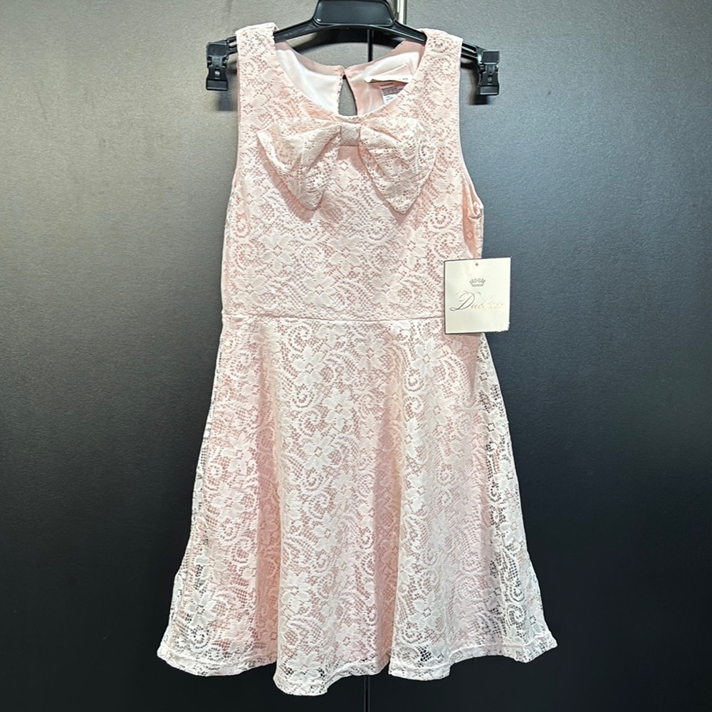 Duchess Lace Overlay, lined, bow front, keyhole button back,sleeveless dress